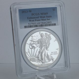 2013 - W $1 Enhanced Uncirculated West Point 1 Oz Silver American Eagle Pcgs Ms 69 photo