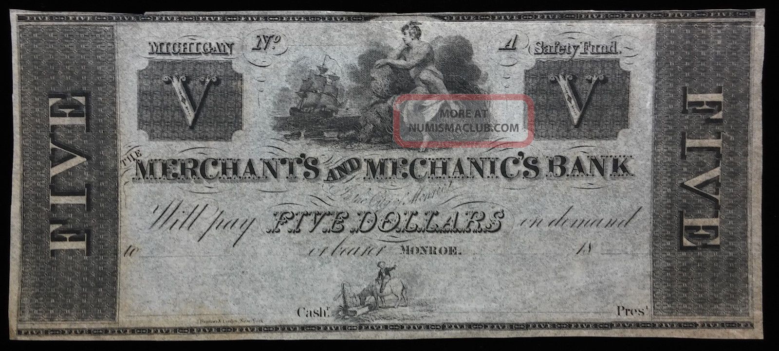 $5 Merchant ' S & Mechanic ' S Bank Michigan 1800s Non - Issued Paper Money: US photo