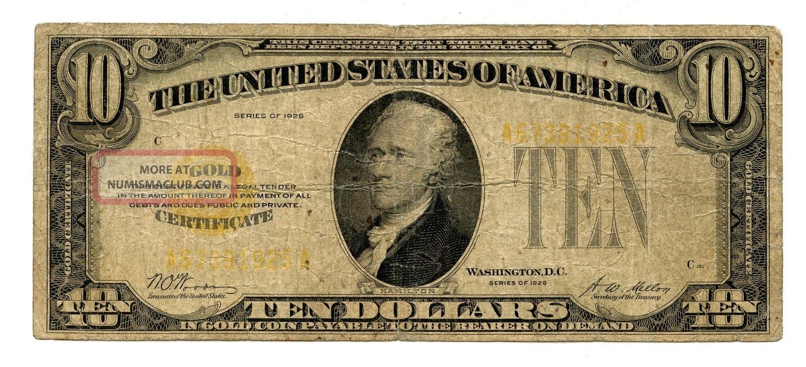 C7064 - 1928 $10 Gold Certificate Fr 2400 Serial A67391925a - Very Good Small Size Notes photo