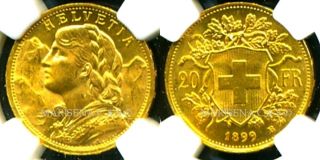 Switzerland 1899 B Gold Coin 20 Francs Ngc Certified Ms 63 Splendid photo
