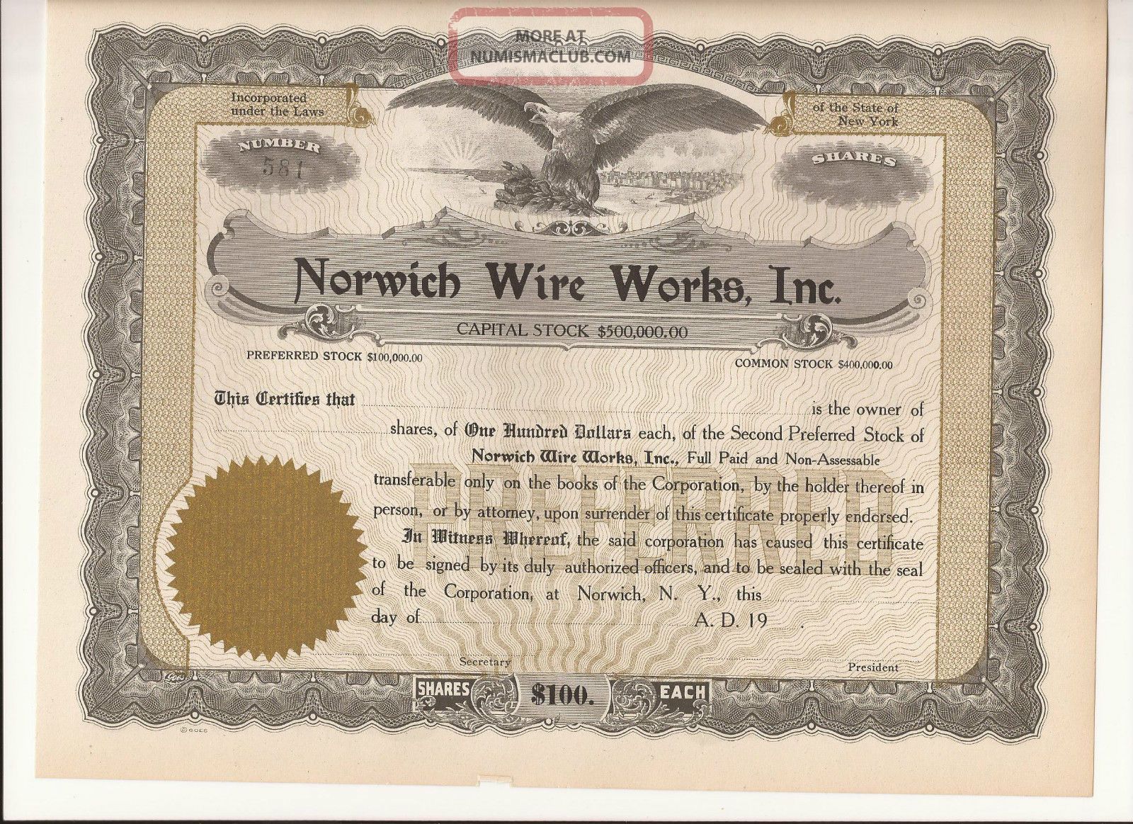 Old 1920 Norwich Wire, Inc. Stock Certificate Norwich, N. Y.