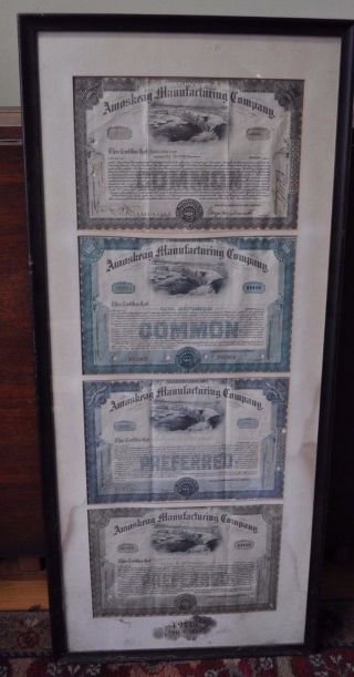 Amoskeag Manufacturing Co 1911 - 1925 Stock Certificate Textile 3 Framed Antique photo