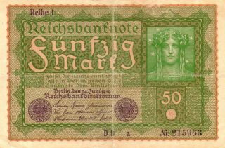 Xxx - Rare German 50 Reichsmark Weimar Banknote From 1919 Good Cond photo