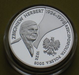Silver 10 Zl Coin Of Poland - Polish Poet Zbigniew Herbert  Ag photo