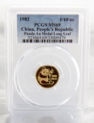 1982 1/10 Oz.  First Year Of Issue Gold Panda Medal Long Leaf Pcgs Ms 69 photo
