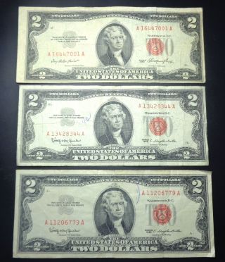 1953 & (2) 1963 $2 Frn 3 Circulated Two Dollar Bills Red Seal photo
