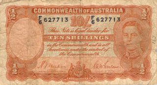 Australia 10 Shilling Banknote 1939 - 1952 Freeshipusa photo