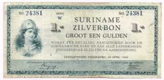 1942 Suriname One Gulden Zilverbon Note - P105c photo