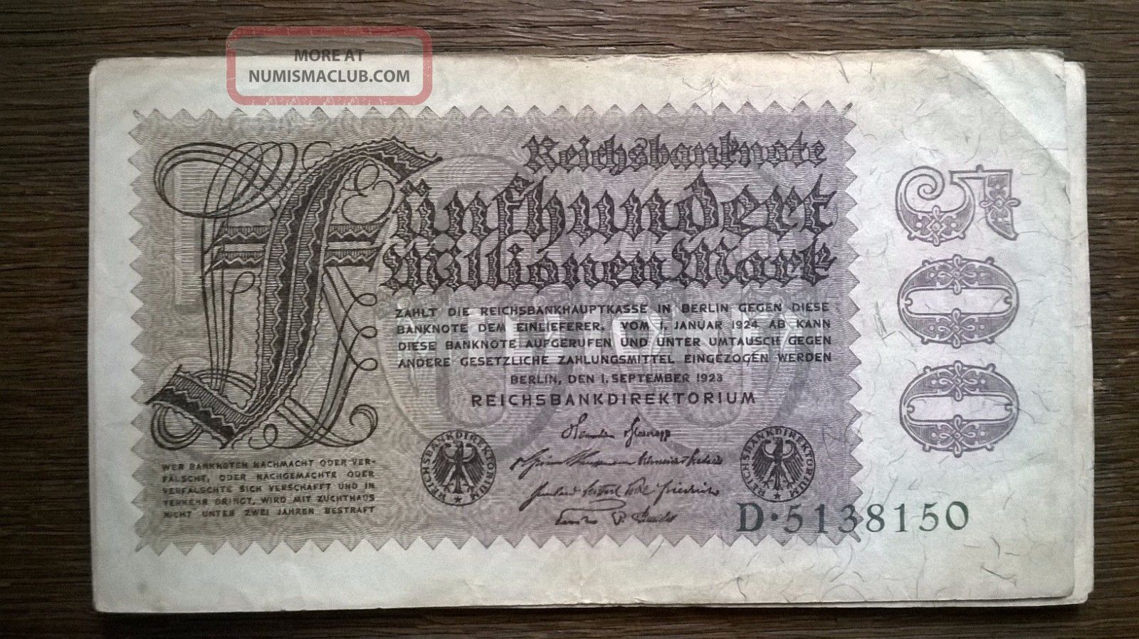Germany 500 Million Mark Reichsbanknote 01. 09. 1923 As Each Germany 500 Million Mark Reichsbanknote 01. 09. 1923 As Each