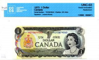 Canada 1973 $1 Replacement Note,  Gy,  Bc - 46aa,  Law - Bou Cccs Graded Unc - 63 B429 photo