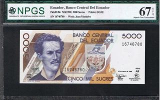1999 Pick 128c Ecuador 5000 Sucres Banknote Npgs Gem Unc 67 Epq photo