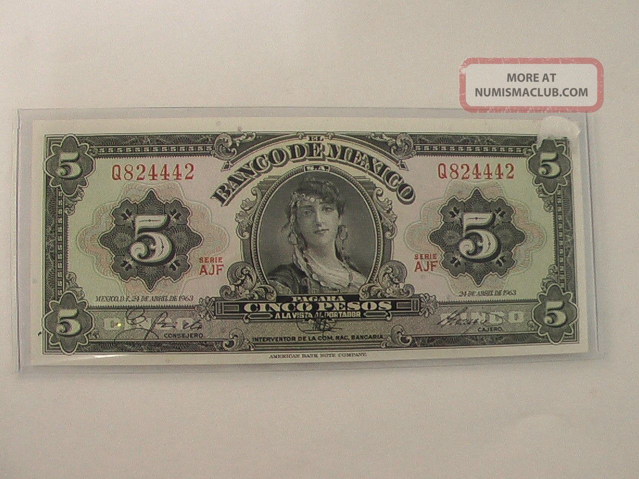 Mexico 1963 5 Peso Note Called The (gypsy) Crips Uncirculated Large Size Notes photo