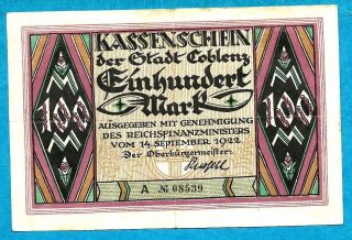 Germany Coblenz 100 Mark Vf,  1922 Joseph Gorres,  Underprint Emblem Series A photo