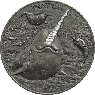 Cook Islands 2015 5$ Narwal 1oz Silver.  999 Antique Finish photo
