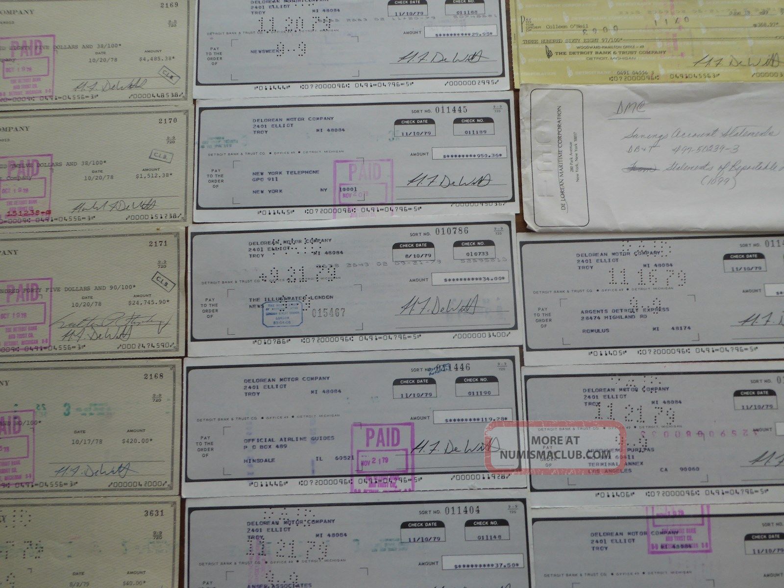 Twenty 1978 - 1979 Delorean Bank Checks And One Dmc Banking Envelope - 1978 Transportation photo