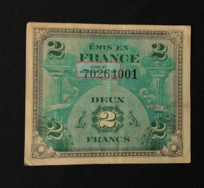 1944 France Deux Francs 2 Bill Note Wwii Occupation Paper Money: World photo