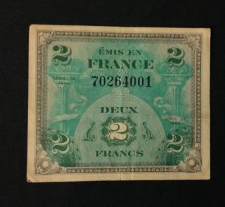 1944 France Deux Francs 2 Bill Note Wwii Occupation photo