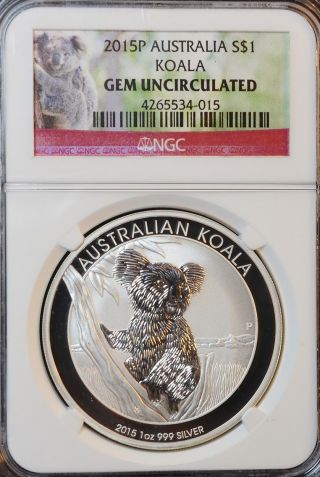 2015 - P Australian Koala 1 Oz.  Silver Coin,  Ngc Gem Uncirculated,  Koala Label photo