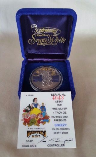 Disney Sneezy Snow White 50th Anniversary 1oz.  999 Silver Round Coin Dwarfs 1987 photo