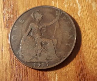 1915 Great Britain Uk Large Penny Circulated Coin King George V F/vf photo