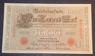 1910 German 1000 Mark Banknote About Uncirculated photo