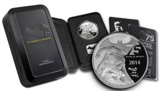 2014 Niue 2 Oz Silver 75 Years Of Batman With Collectible Metal Box And photo