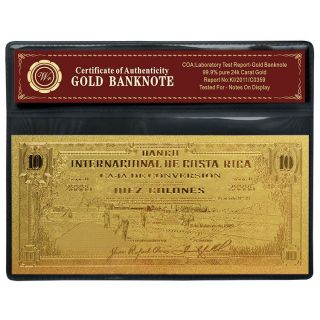 Costa Rica 10 Colones Banknote 999 24k Gold Plated Note Collectible In Frame photo