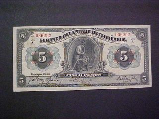 1913 Mexico - Chihuahua Paper Money - 5 Pesos Banknote photo