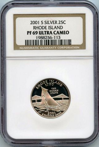 2001 - S Rhode Island Silver Proof State Quarter Ngc Pf69 Ucam - 90 Bright Beauty photo