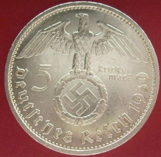 Wwii Antique Germany 5 Mark 1939 A Berlin Silver German Coin Big Wreath (vik17) photo