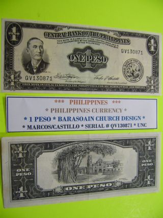 Philippines Banknote Currency One Peso 1949 Series Marcos - Castillo Unc photo