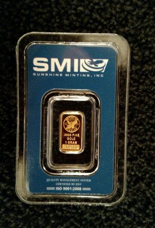 1 Gram Sunshine.  9999 Fine Gold Bar In Plastic Certified Card photo