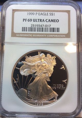 1999 - P Proof Silver Eagle Ngc Pf69 Dcam Ultra Cameo 1 Oz Silver Coin $1 photo