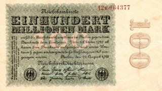 Xx - Rare 100 Million Mark Weimar Inflation Banknote 1923 Good Cond photo