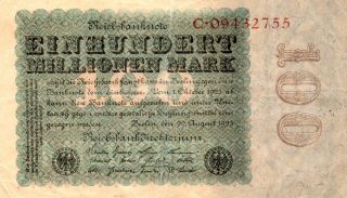 Xx - Rare 100 Million Mark Weimar Inflation Banknote 1923 Good Cond photo