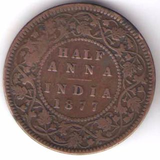 British India 1877 Victoria Empress 1/2 Anna Copper Coin Extremely Rare photo