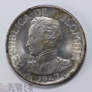 World Coin Colombia 50 Centavos 1947 Silver Au/unc photo