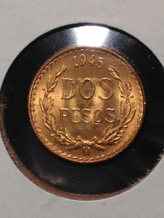 Lustrous 1945 Mexico Gold Dos Pesos In Brilliant Uncirculated - 0.  0482 Oz.  Agw photo
