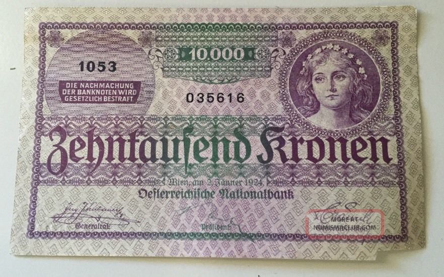 Austria Zehntausend Kronen 1924 (10, 000 Kroner) Banknote Paper Money