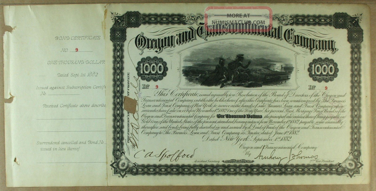 S1111 Oregon & Transcontinental Company 1882 Bond Certificate Gray Transportation photo