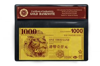 Hong Kong $1000 Dollars Banknote Plated With 24k Pure Gold Hk One Thousand Note photo