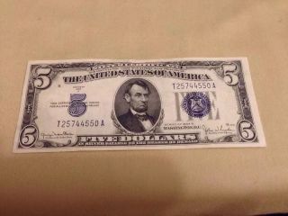 1934 - D $5.  00 Silver Certificate Blue Seal Hgr Grade photo
