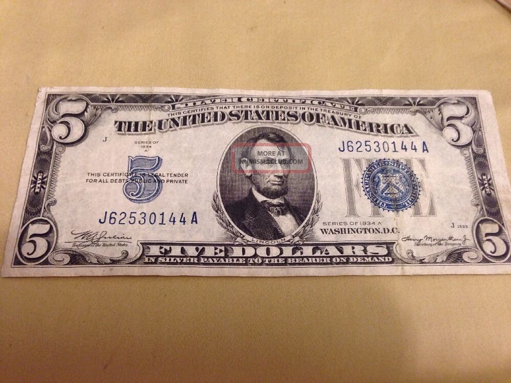 1934 - A $5.  00 Silver Certificate Blue Seal Small Size Notes photo
