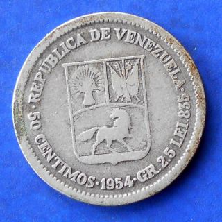 . 835 Silver 1954 Venezuela 2.  5 Gram 1/2 Bolivar Well Circulated Mb 51 photo
