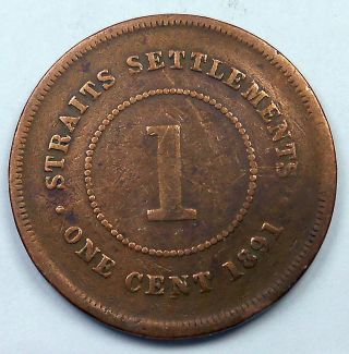 1891 Straits Settlements Cent F Scarce Queen Victoria British Crown Bronze Coin photo