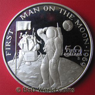 Marshall Islands 1989 $50 1oz Silver Proof Armstrong Man On Moon Space Astronaut photo