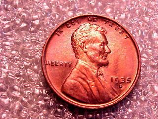 1935 - S Lincoln Cent With Awesome Near Full Red Uncirculated photo