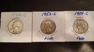 1942 - S,  1953 - S,  1954 - S Washington 90 Silver Quarters All Fine In Holders photo