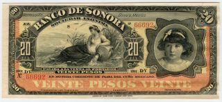 Mexico 1897 - 1911 Banco De Sonora 20 Pesos Crisp Choice Unc.  P - S 421r. photo