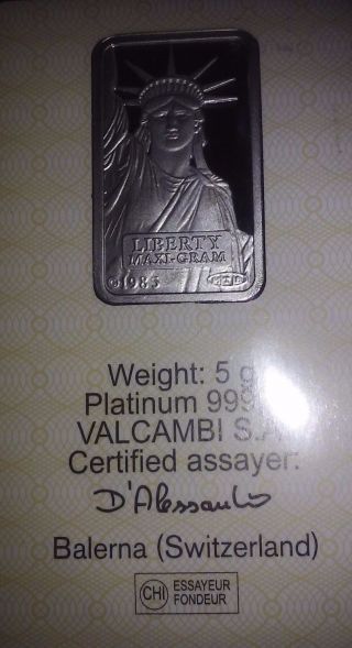 Credit Suisse 5 Gram.  9995 Pure Platinum Liberty Bullion Bar photo